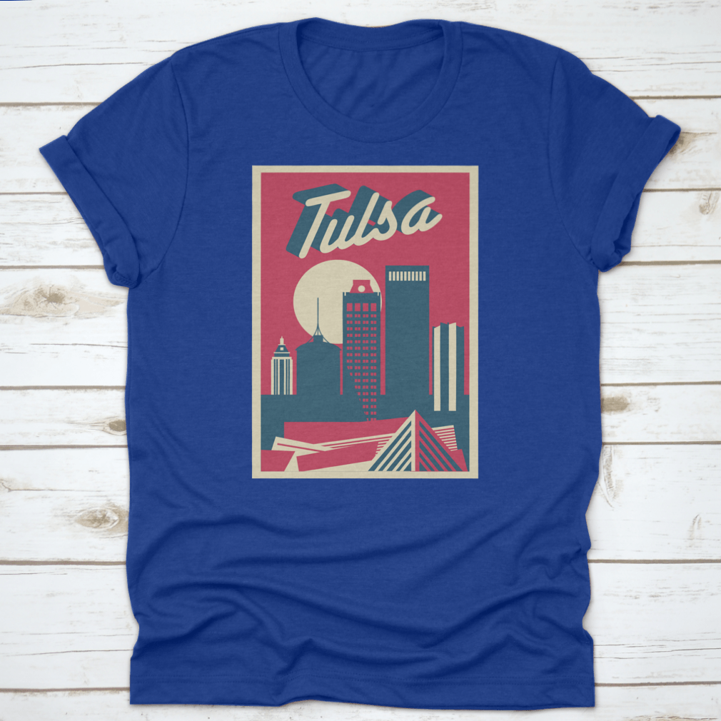 A vintage postcard featuring a retro illustration of the Tulsa, Oklahoma skyline, showcasing iconic buildings and a nostalgic design.