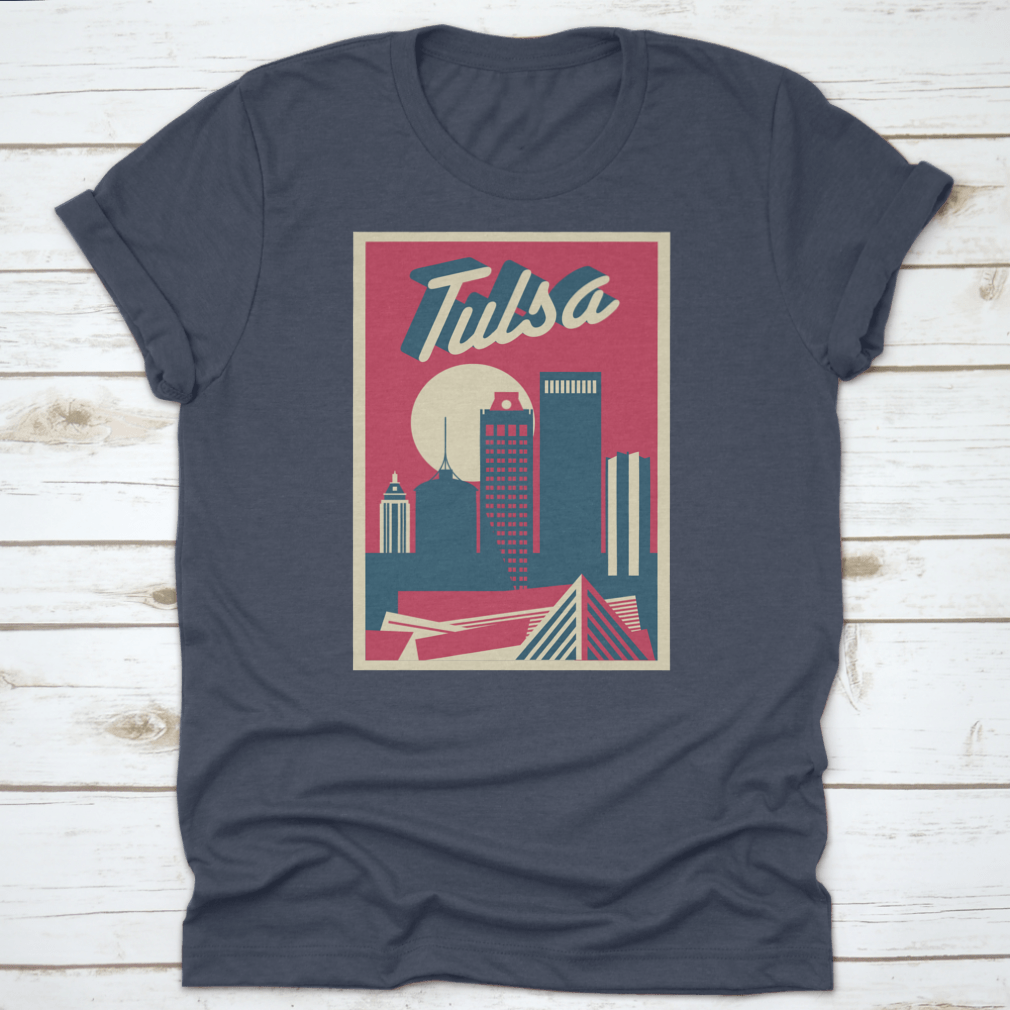 A vintage postcard featuring a retro illustration of the Tulsa, Oklahoma skyline, showcasing iconic buildings and a nostalgic design.