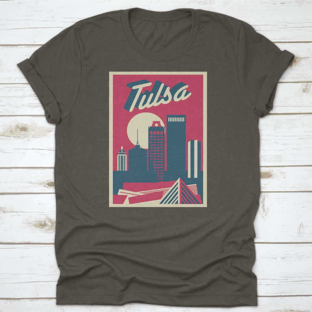 A vintage postcard featuring a retro illustration of the Tulsa, Oklahoma skyline, showcasing iconic buildings and a nostalgic design.