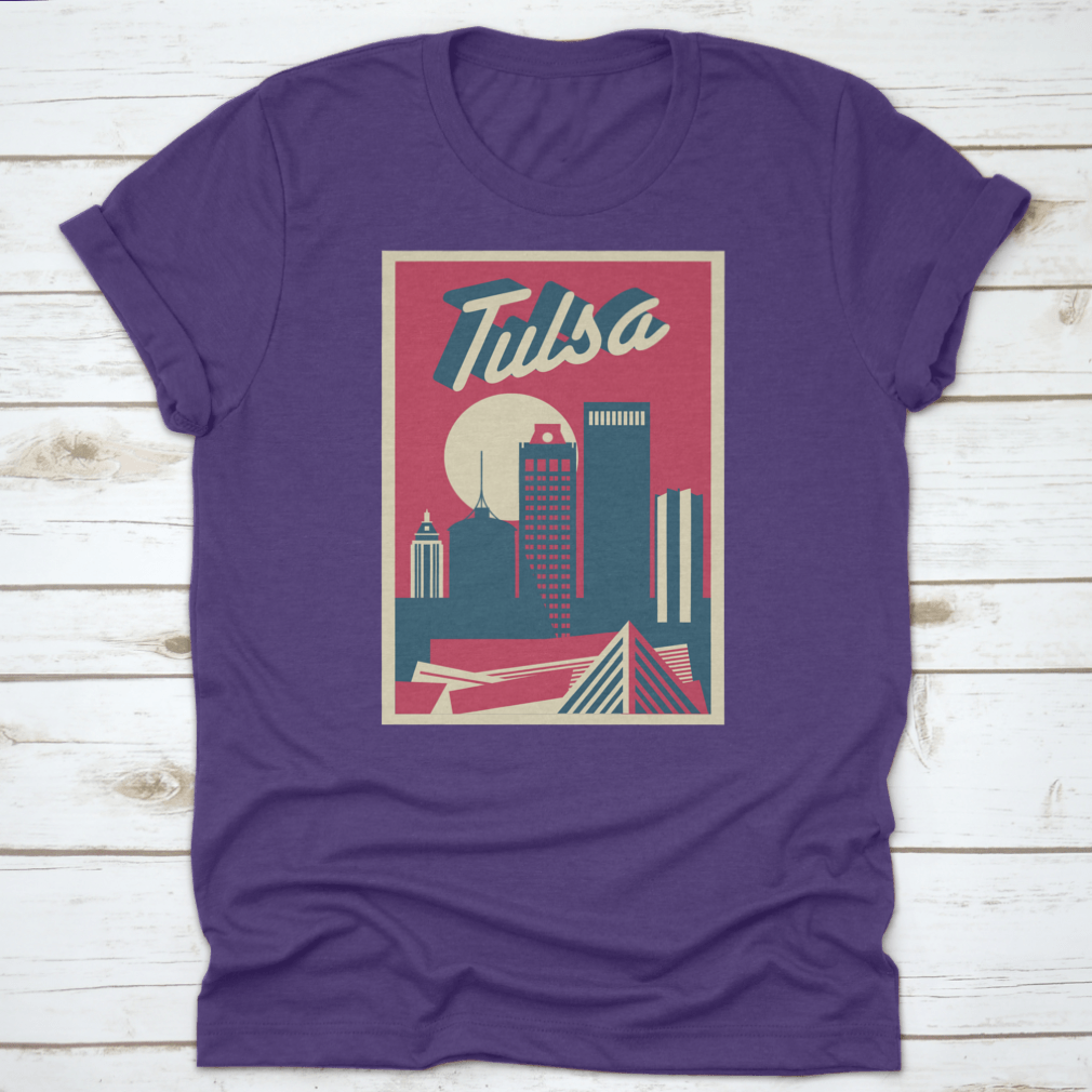 A vintage postcard featuring a retro illustration of the Tulsa, Oklahoma skyline, showcasing iconic buildings and a nostalgic design.