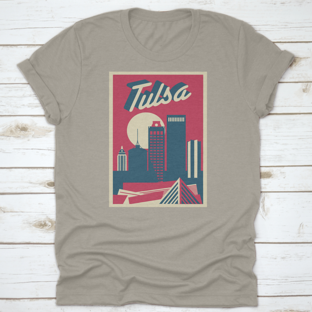 A vintage postcard featuring a retro illustration of the Tulsa, Oklahoma skyline, showcasing iconic buildings and a nostalgic design.