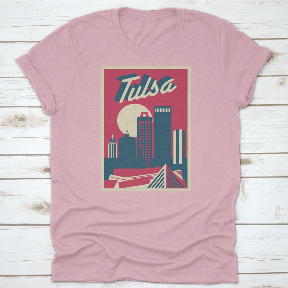 A vintage postcard featuring a retro illustration of the Tulsa, Oklahoma skyline, showcasing iconic buildings and a nostalgic design.