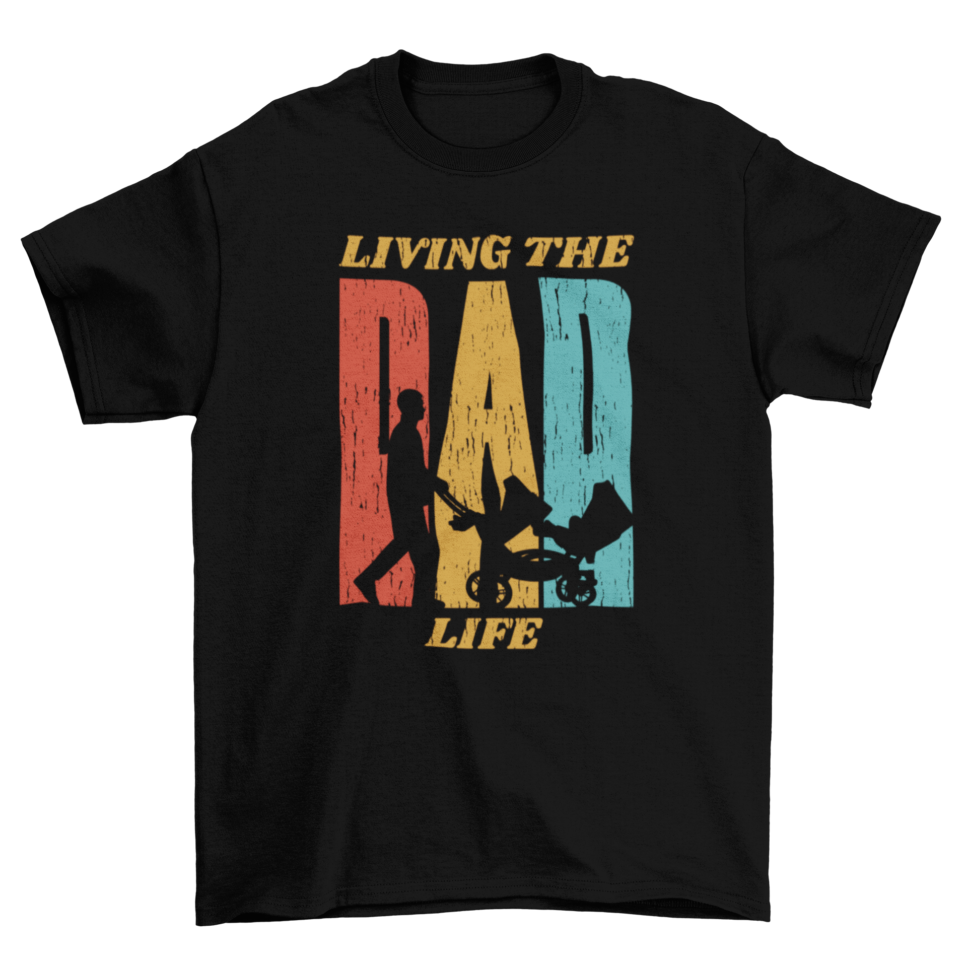 Retro t-shirt featuring a silhouette of a dad pushing a baby cart with the quote 'Living the dad life'.