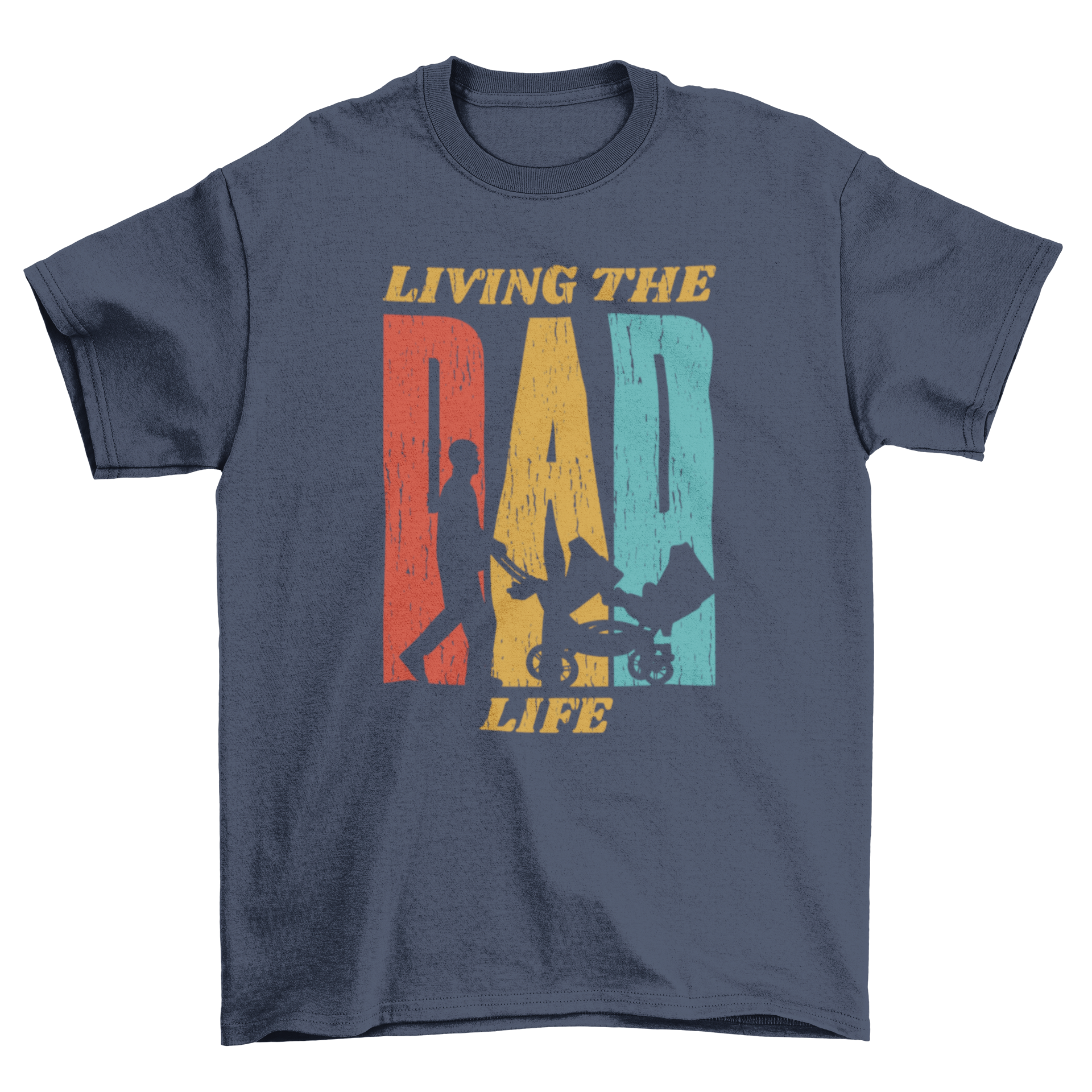 Retro t-shirt featuring a silhouette of a dad pushing a baby cart with the quote 'Living the dad life'.