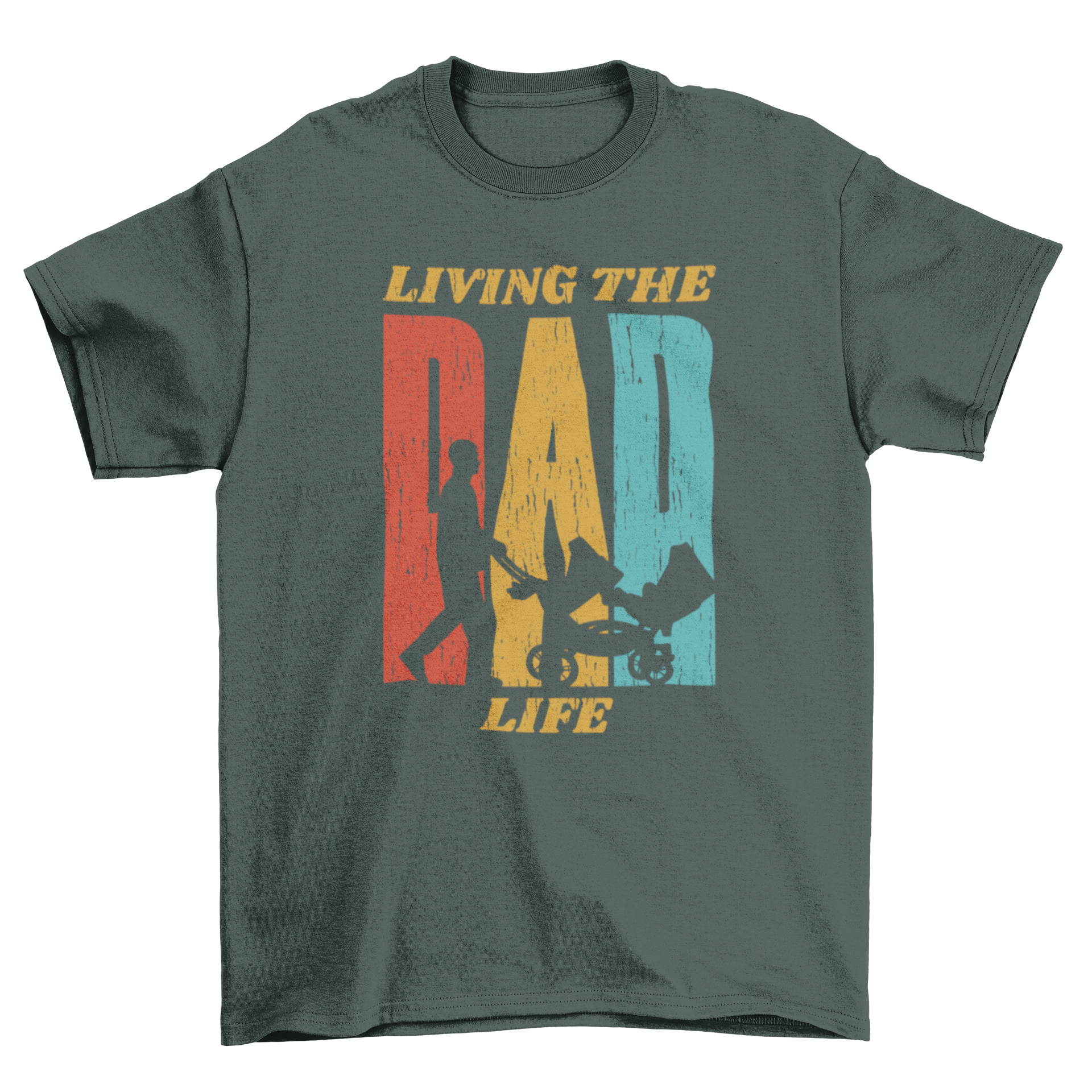Retro t-shirt featuring a silhouette of a dad pushing a baby cart with the quote 'Living the dad life'.
