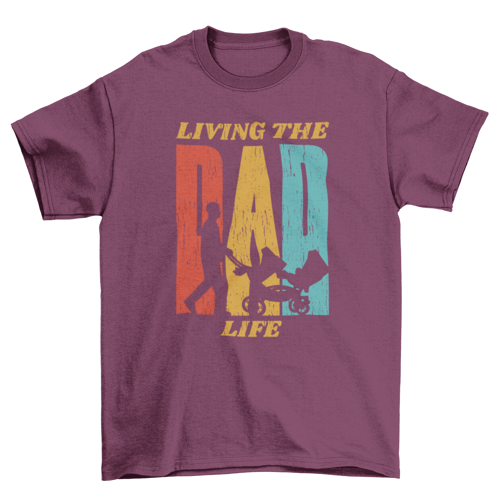 Retro t-shirt featuring a silhouette of a dad pushing a baby cart with the quote 'Living the dad life'.