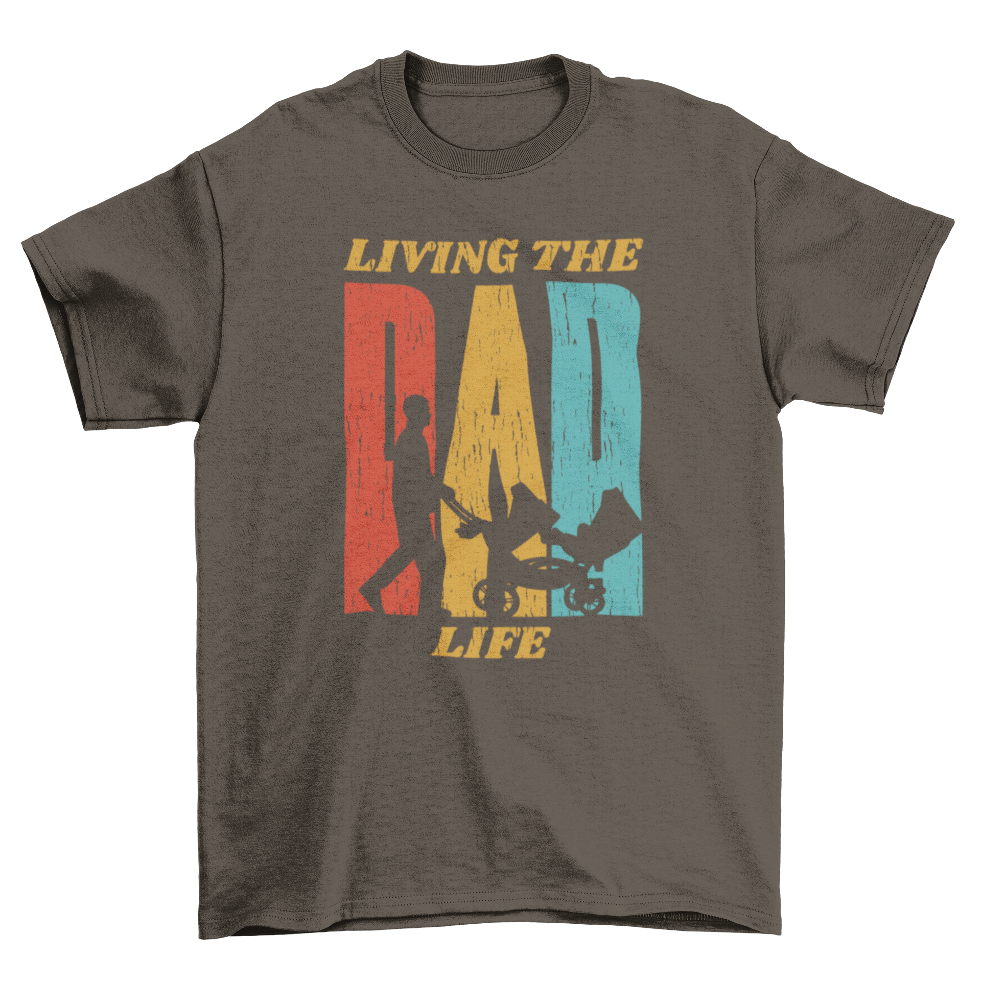 Retro t-shirt featuring a silhouette of a dad pushing a baby cart with the quote 'Living the dad life'.