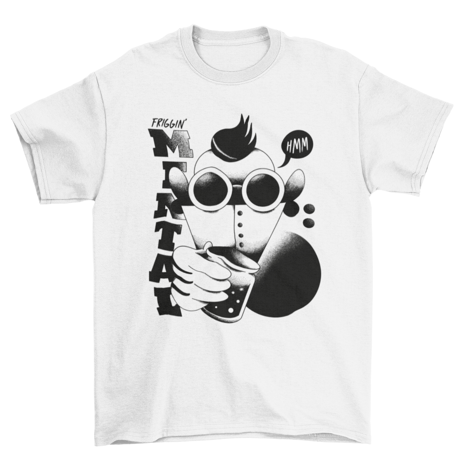 Retro monster t-shirt featuring a colorful monster in a costume with the quote 'Friggin' mental'.