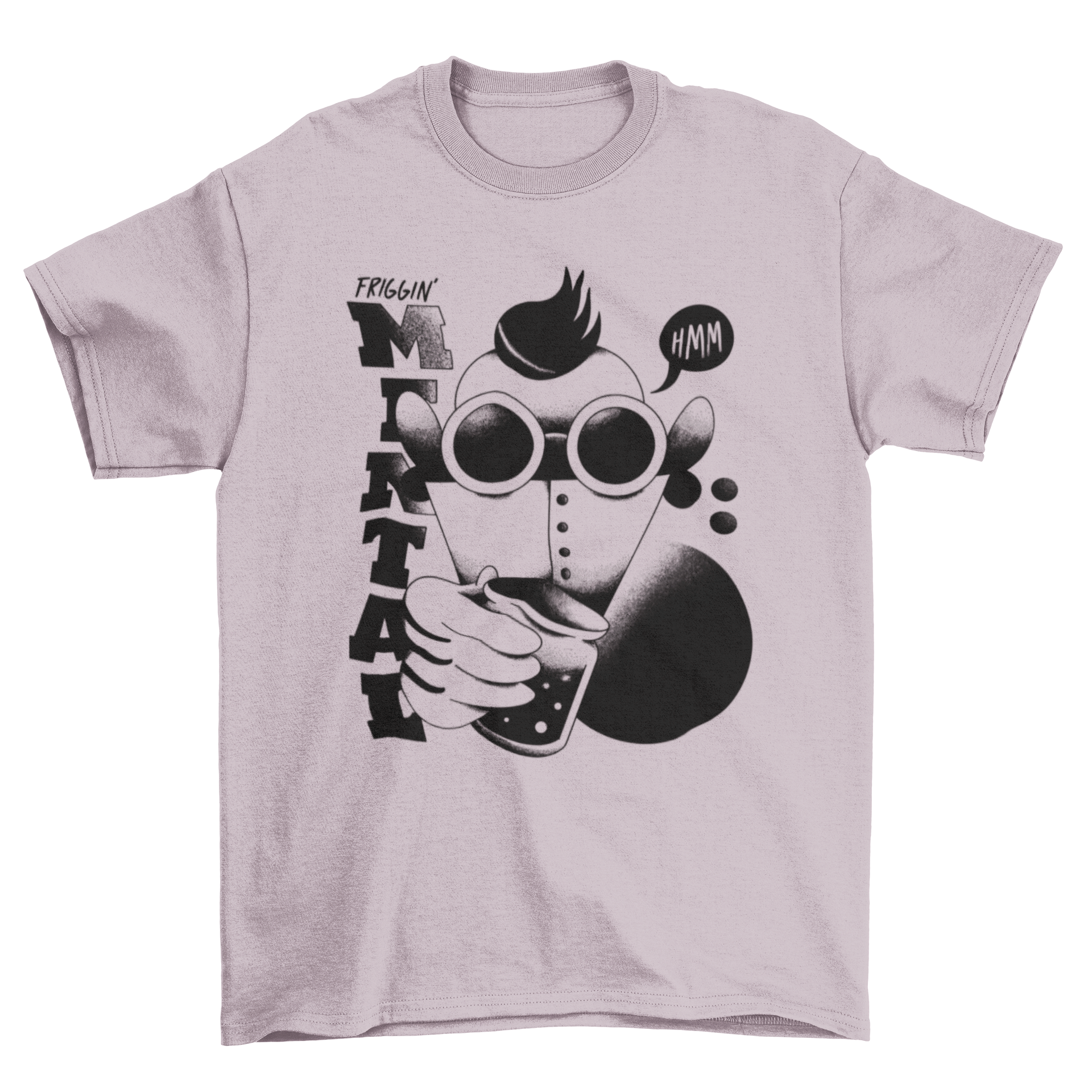 Retro monster t-shirt featuring a colorful monster in a costume with the quote 'Friggin' mental'.