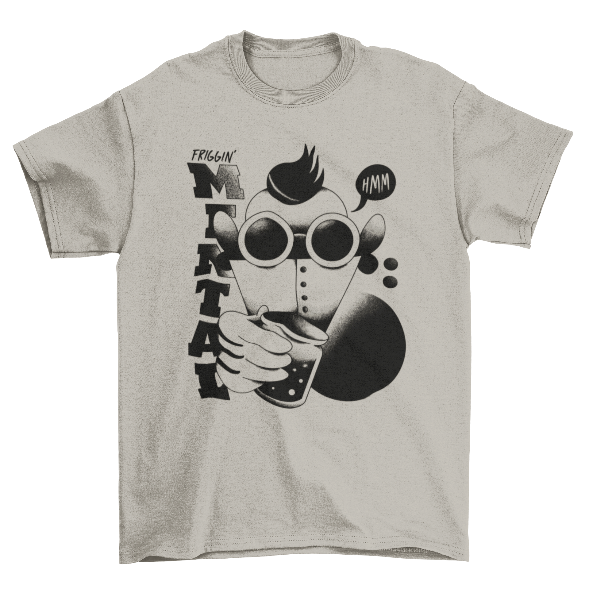 Retro monster t-shirt featuring a colorful monster in a costume with the quote 'Friggin' mental'.