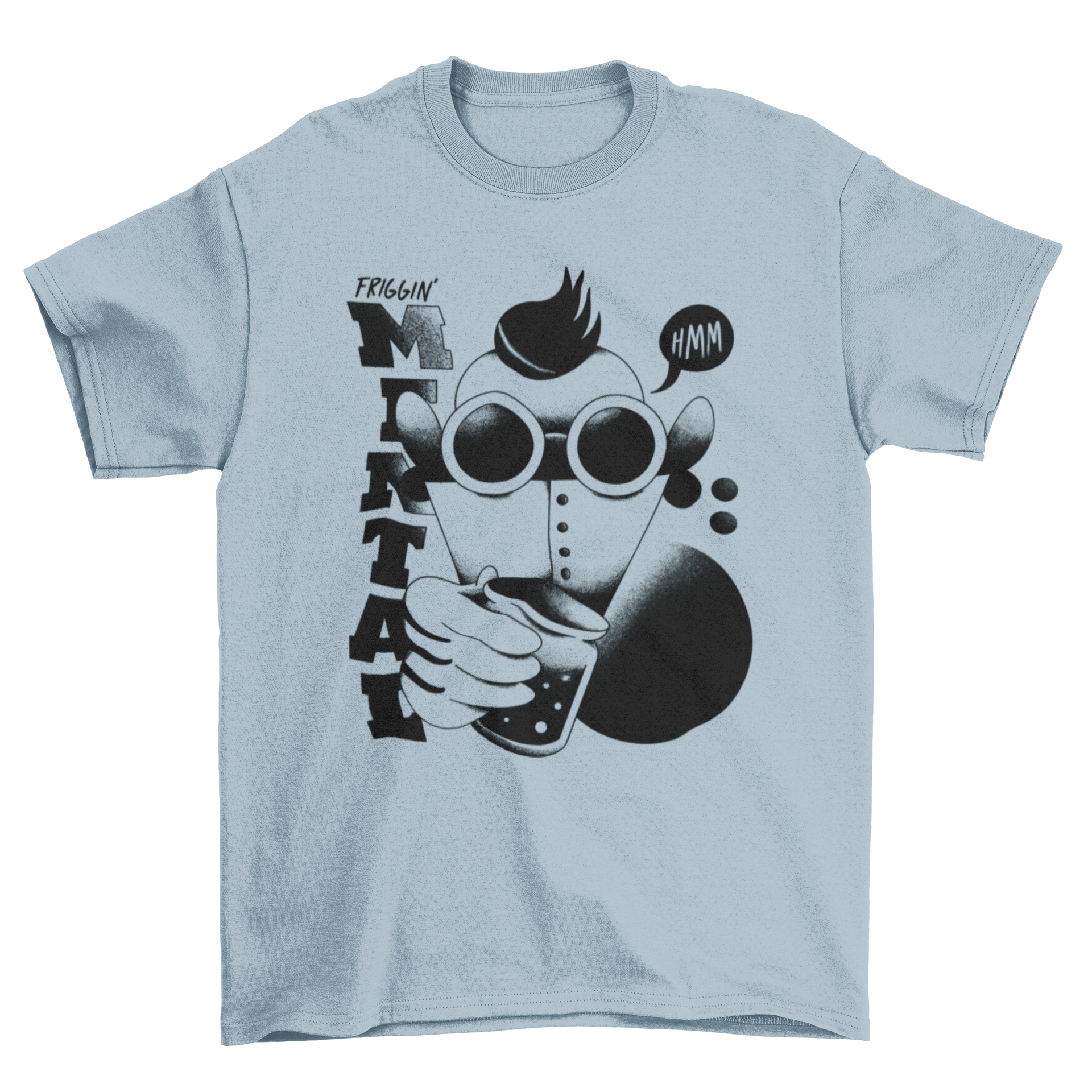 Retro monster t-shirt featuring a colorful monster in a costume with the quote 'Friggin' mental'.