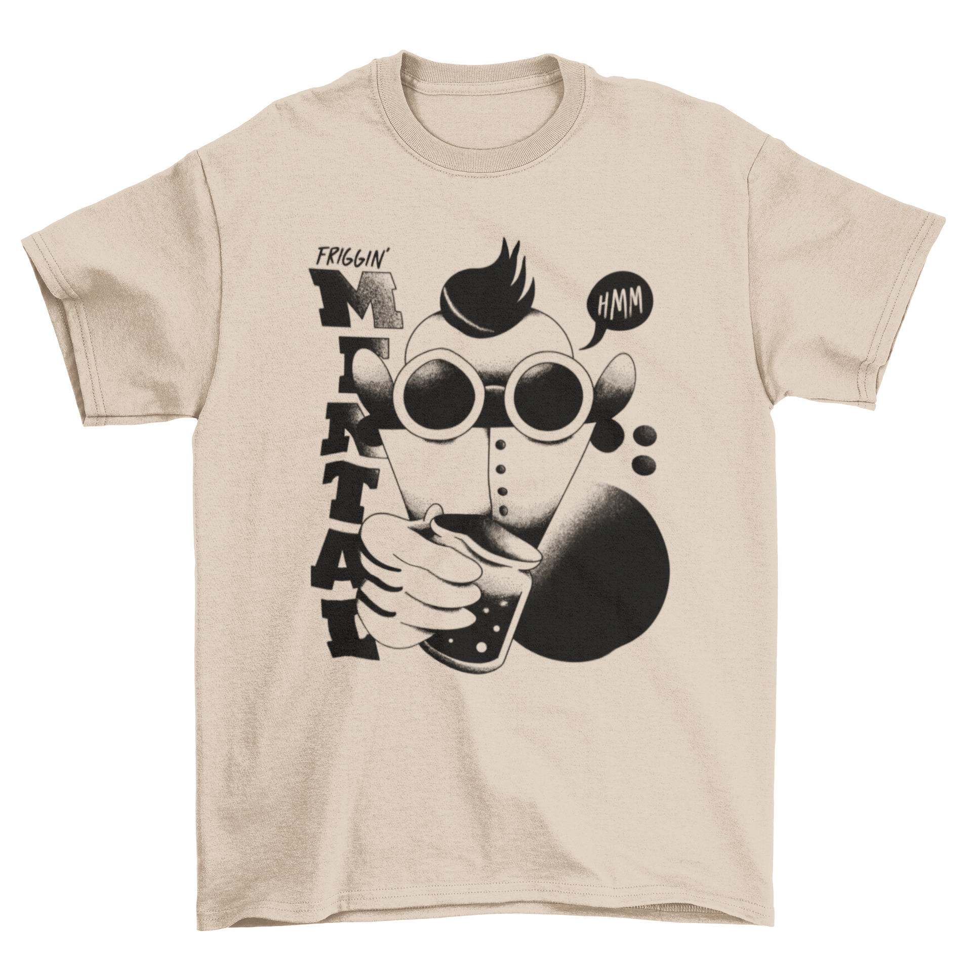 Retro monster t-shirt featuring a colorful monster in a costume with the quote 'Friggin' mental'.