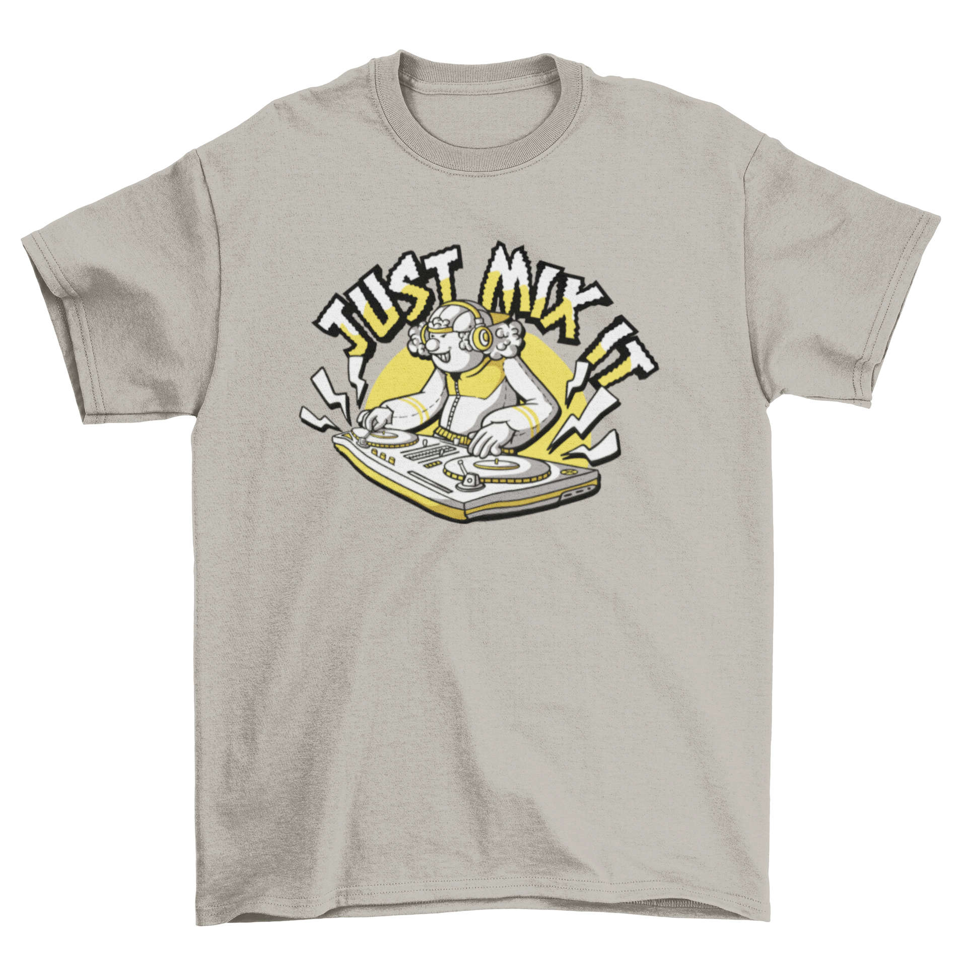 Retro music DJ t-shirt featuring a DJ at a console with the quote 'Just mix it.'