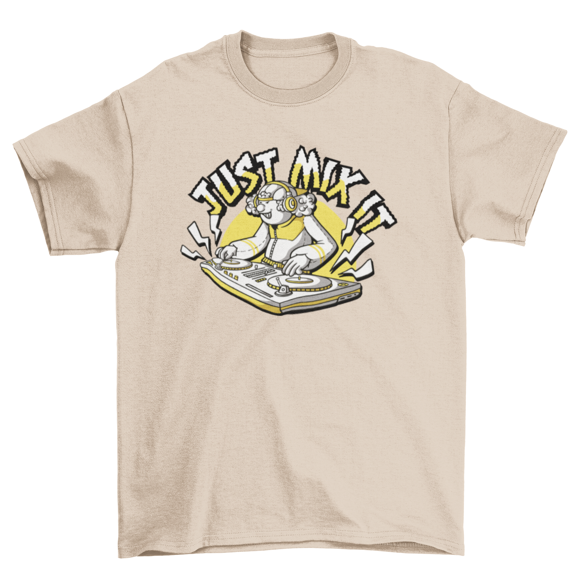 Retro music DJ t-shirt featuring a DJ at a console with the quote 'Just mix it.'