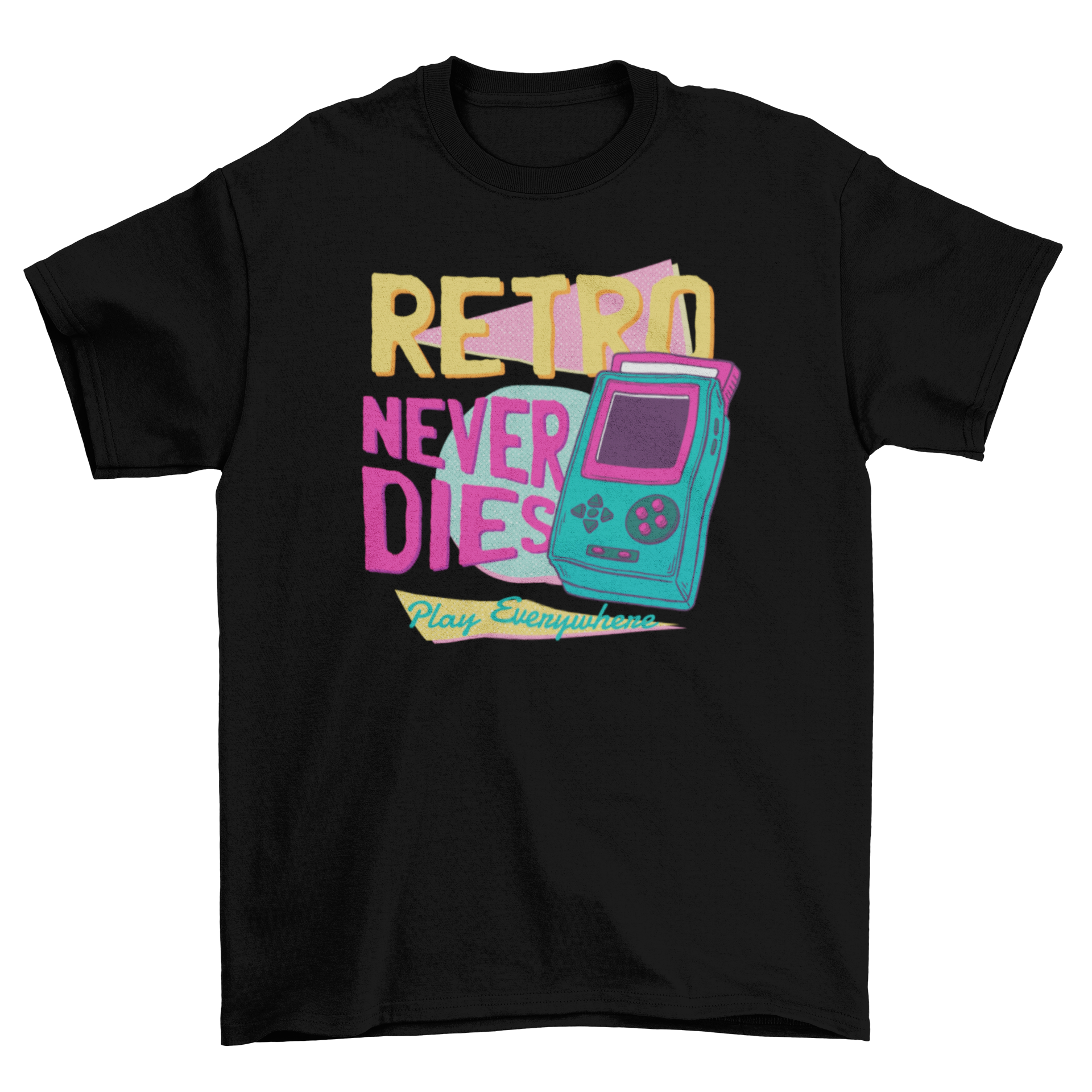 Retro Never Dies T-Shirt featuring a vintage game console and inspiring quote.