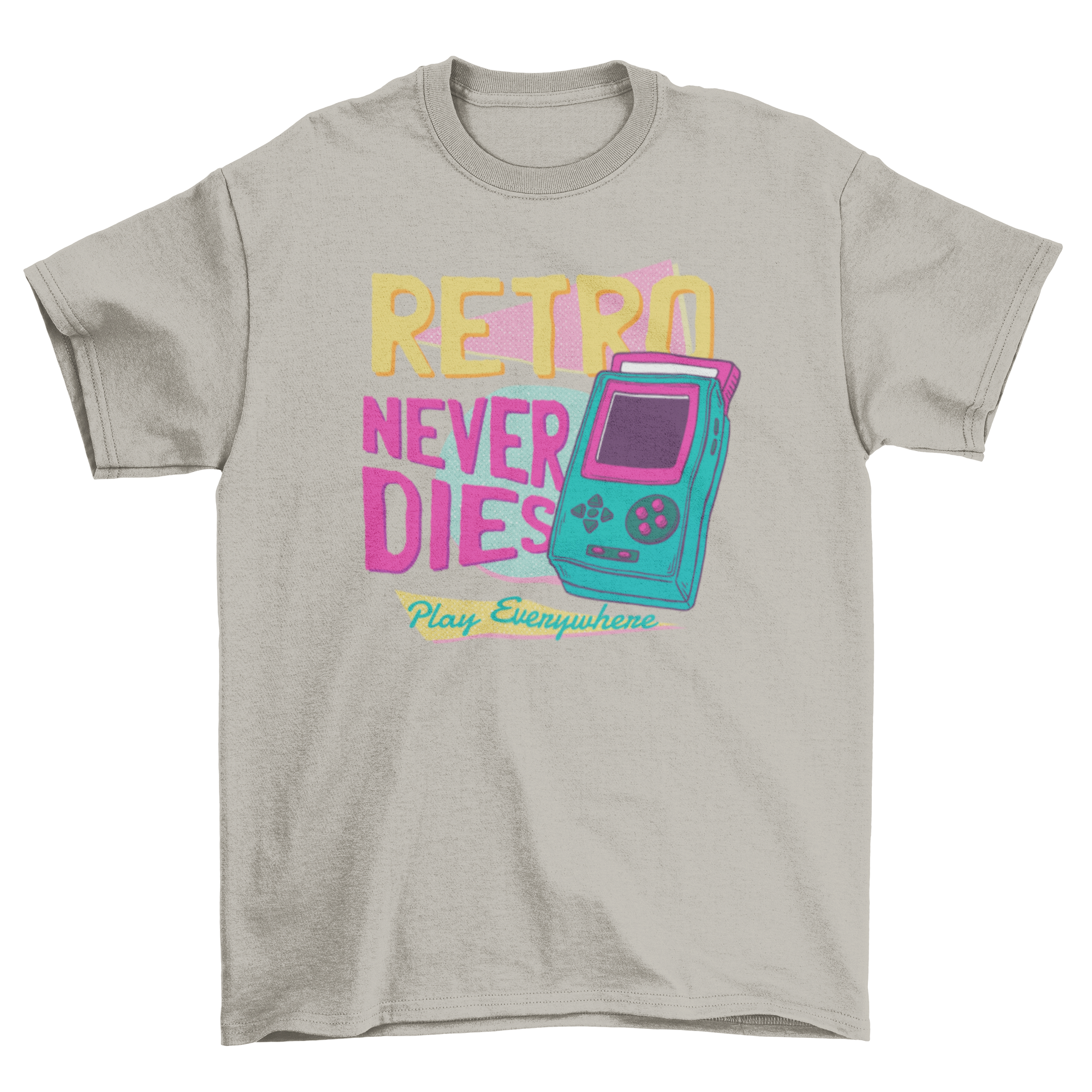 Retro Never Dies T-Shirt featuring a vintage game console and inspiring quote.