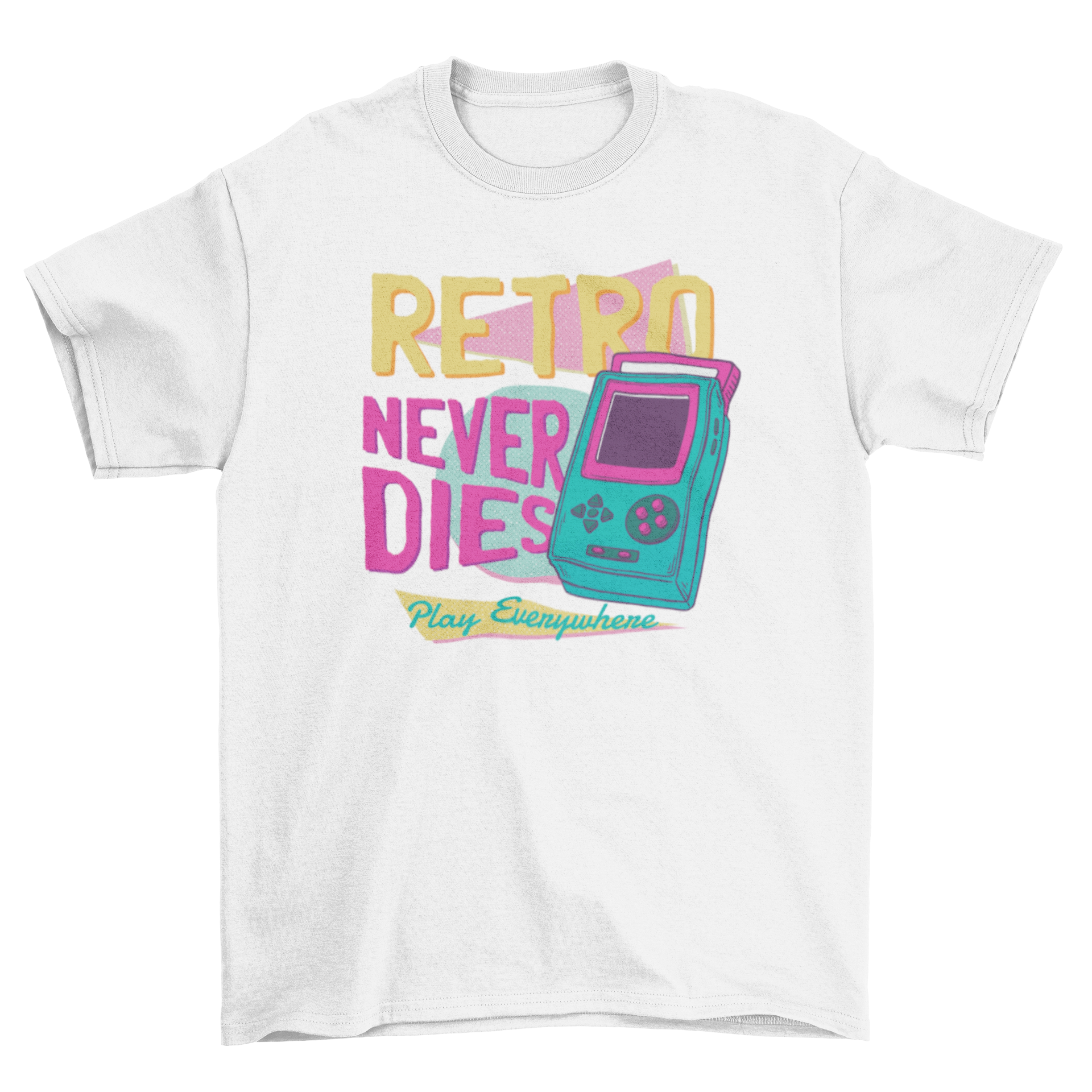 Retro Never Dies T-Shirt featuring a vintage game console and inspiring quote.