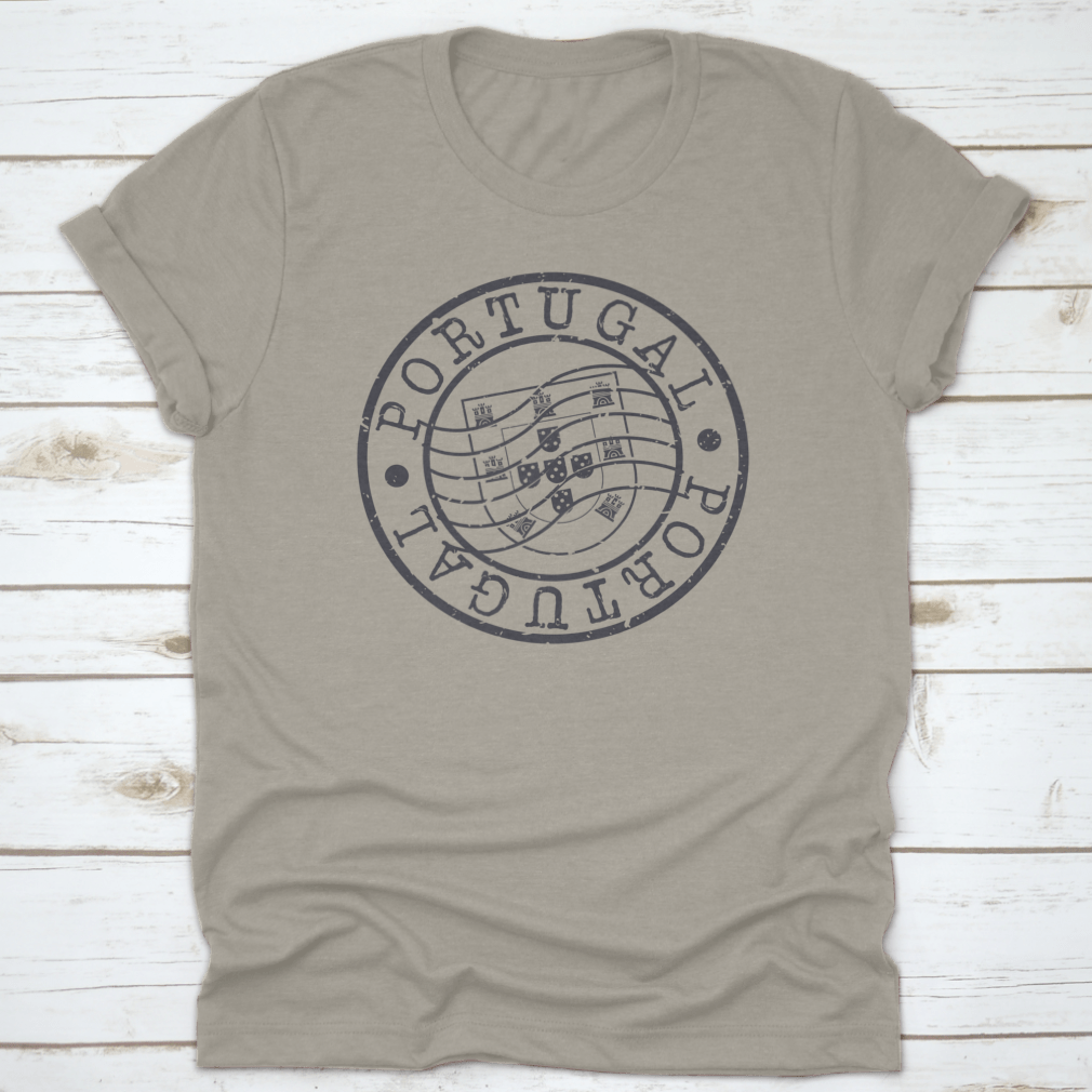 A stylish t-shirt featuring a retro round design of a Portugal passport stamp, showcasing a vintage postal silhouette seal.