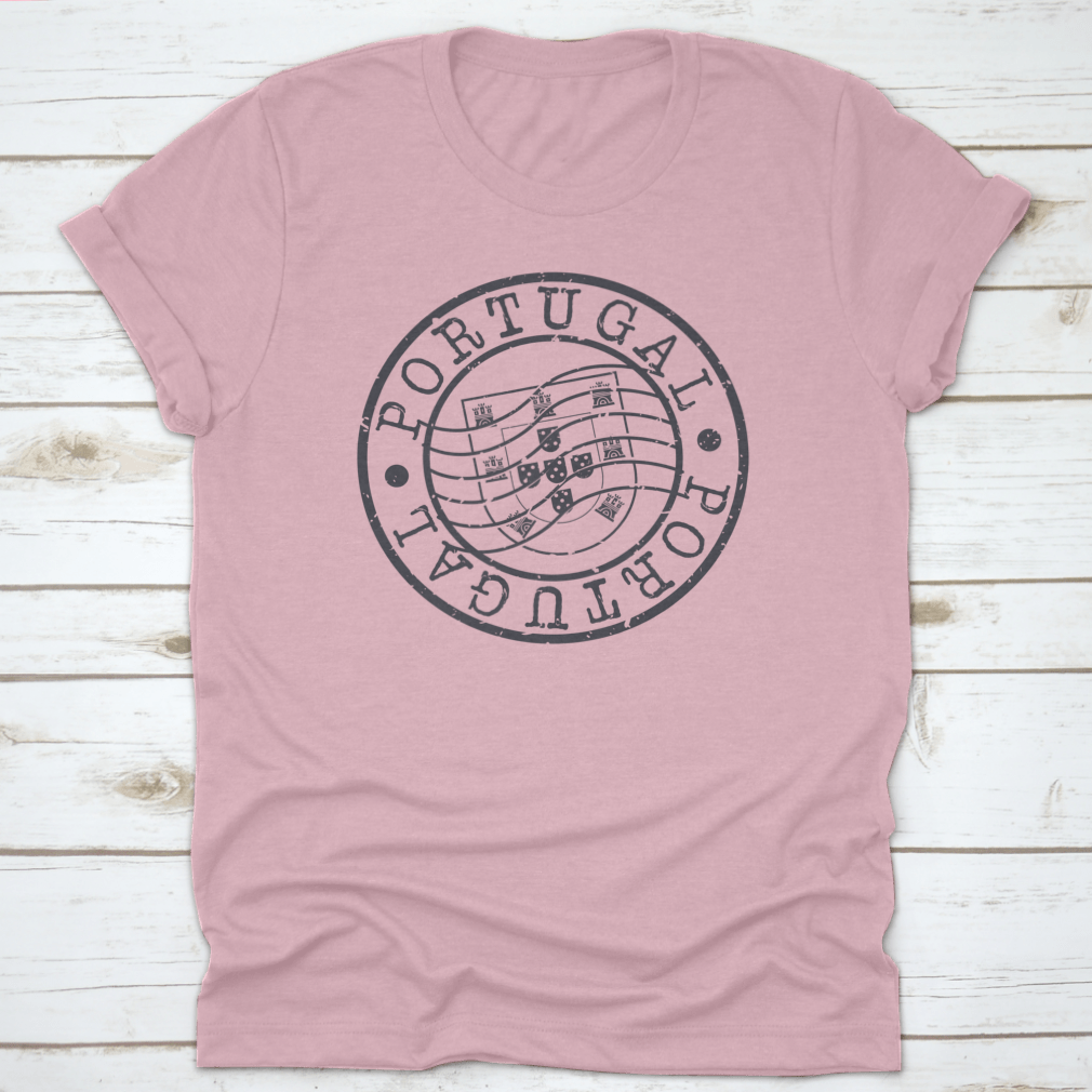 A stylish t-shirt featuring a retro round design of a Portugal passport stamp, showcasing a vintage postal silhouette seal.