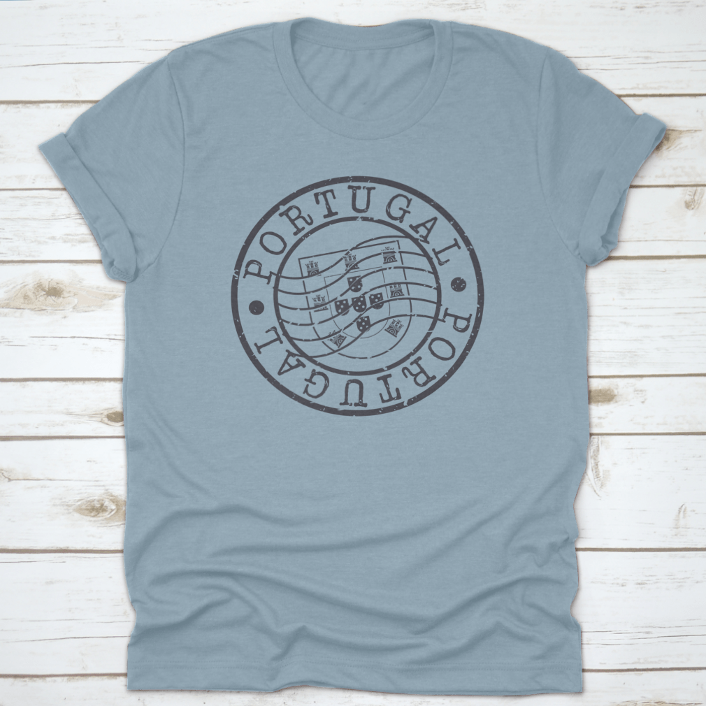 A stylish t-shirt featuring a retro round design of a Portugal passport stamp, showcasing a vintage postal silhouette seal.