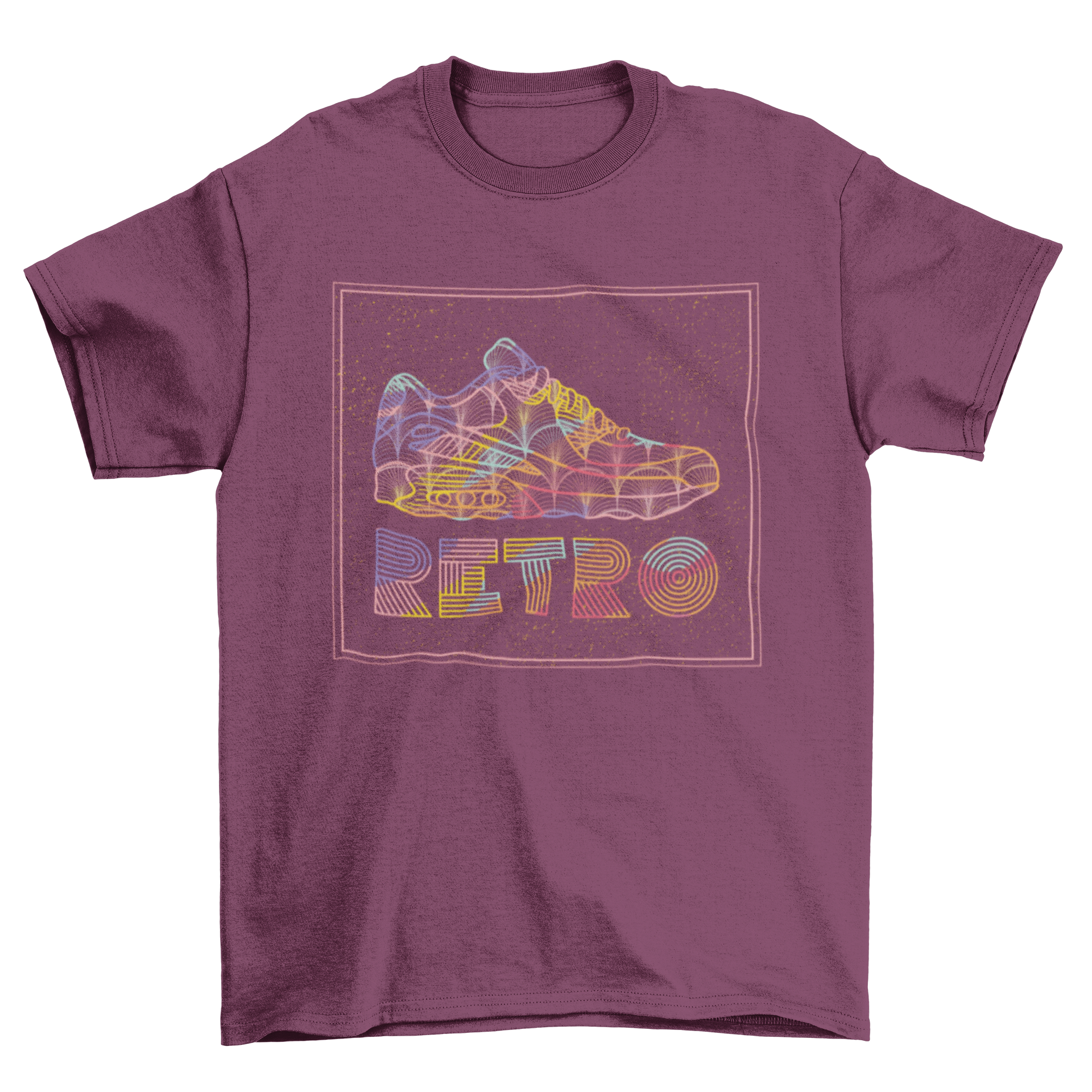 A stylish Retro Shoe T-shirt featuring a multicolored rubber shoe design with the word 'RETRO' printed on it.