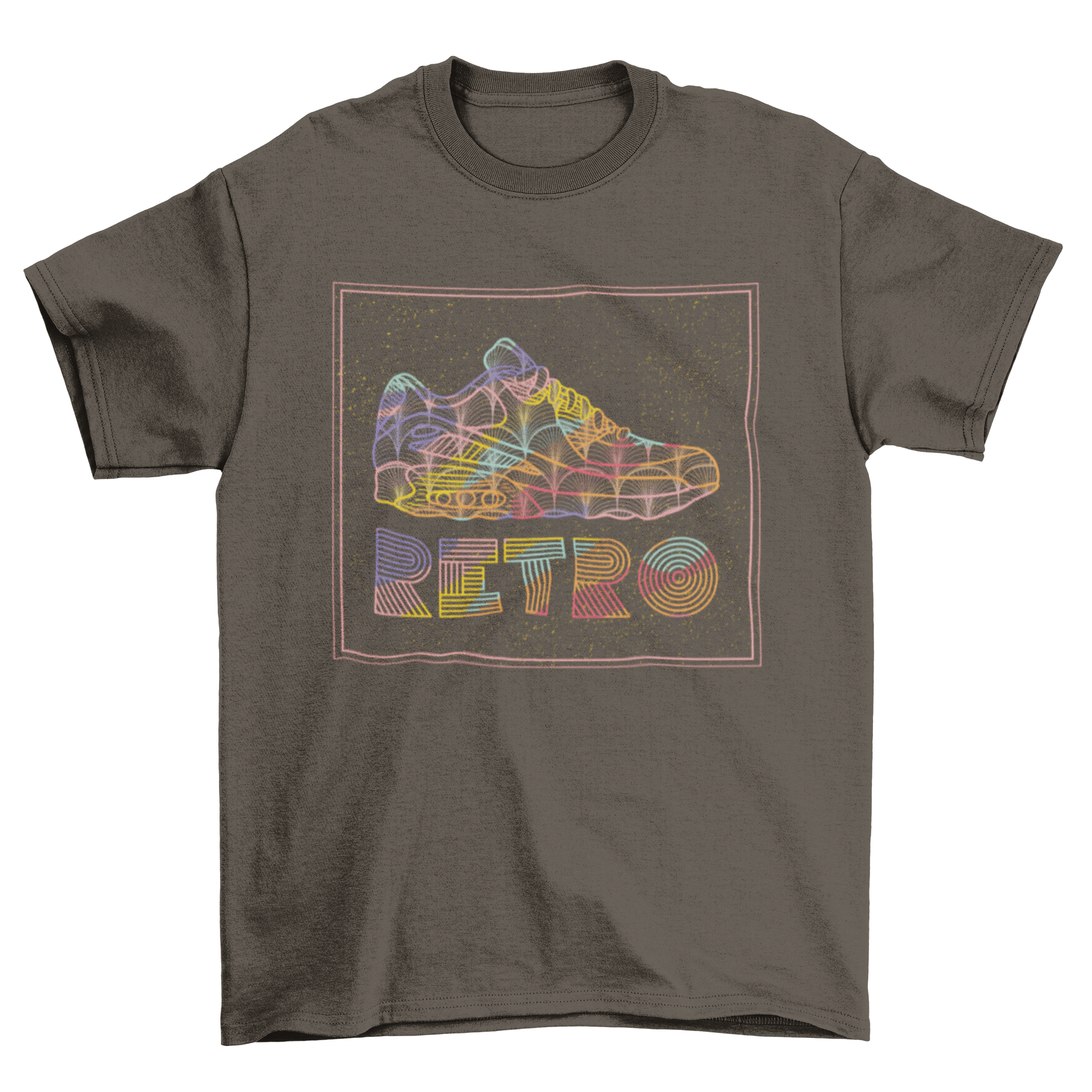 A stylish Retro Shoe T-shirt featuring a multicolored rubber shoe design with the word 'RETRO' printed on it.