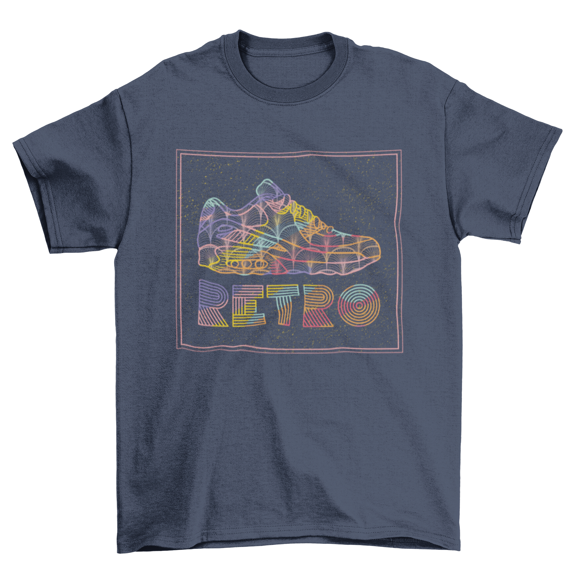 A stylish Retro Shoe T-shirt featuring a multicolored rubber shoe design with the word 'RETRO' printed on it.