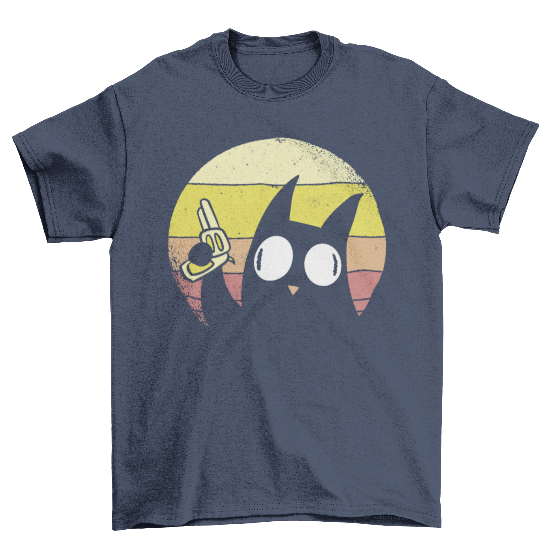 A humorous t-shirt featuring a black cat holding a gun with a retro sunset background, perfect for cat lovers.