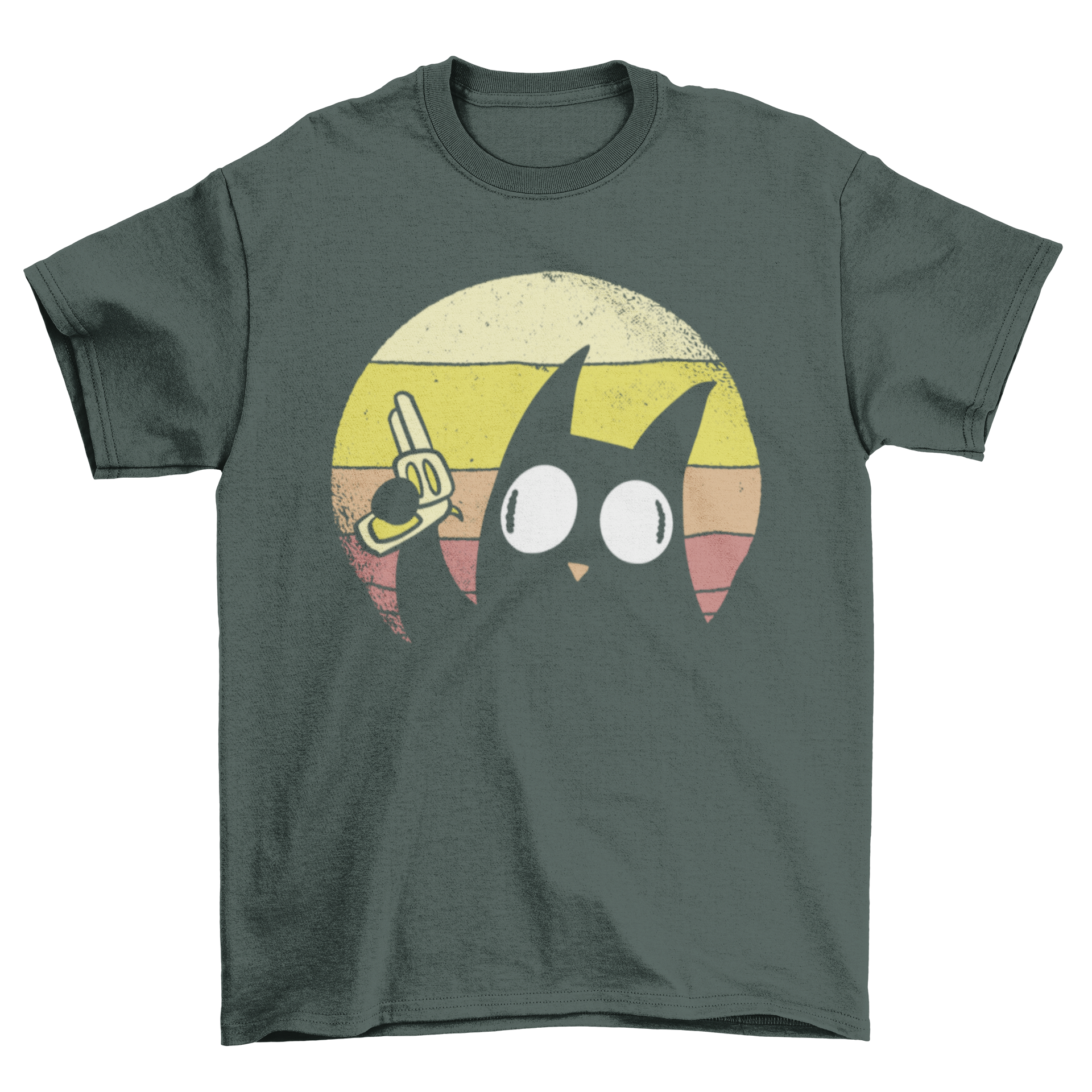 A humorous t-shirt featuring a black cat holding a gun with a retro sunset background, perfect for cat lovers.