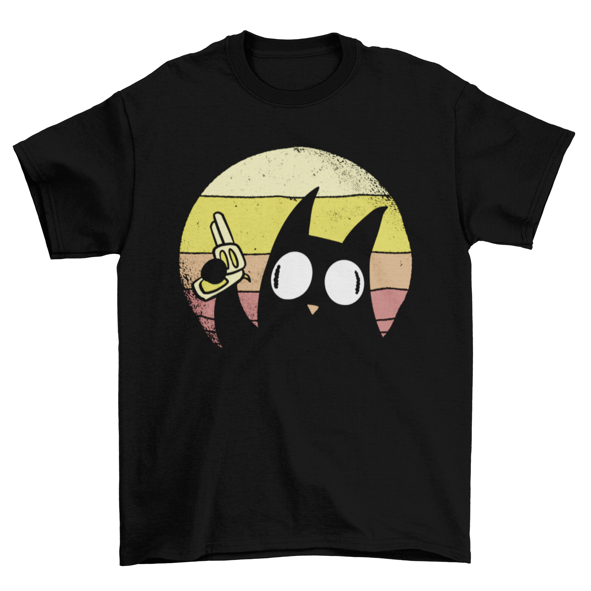 A humorous t-shirt featuring a black cat holding a gun with a retro sunset background, perfect for cat lovers.