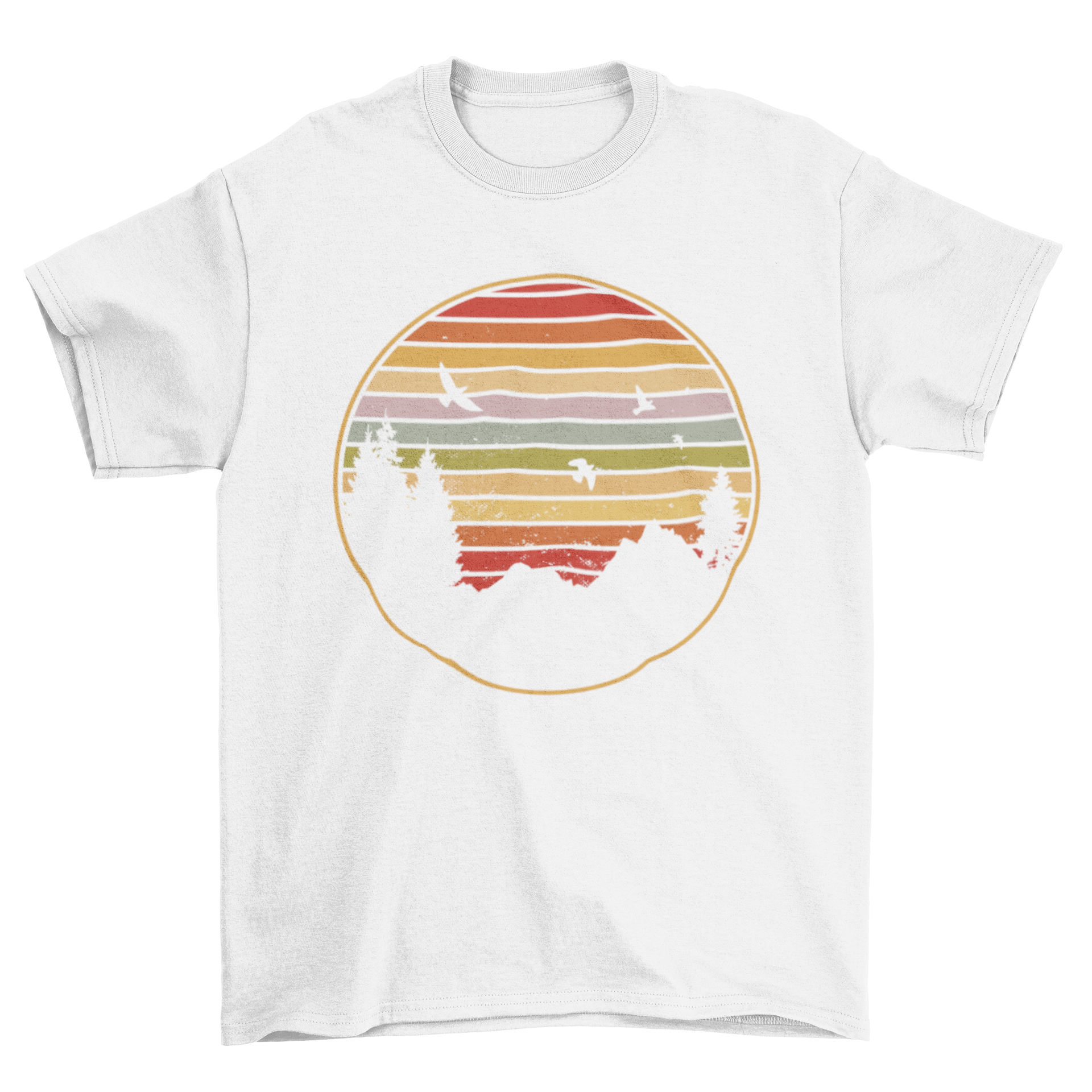 A retro sunset design featuring a vibrant orange and yellow sky over a dark green forest with birds flying in the foreground.