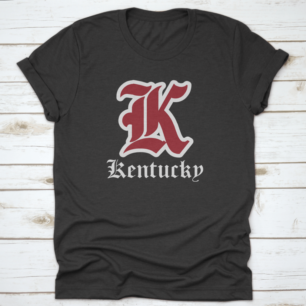 Retro Vintage College Varsity Tee featuring Gothic Letter Font in Kentucky State colors, showcasing a stylish design for fans.