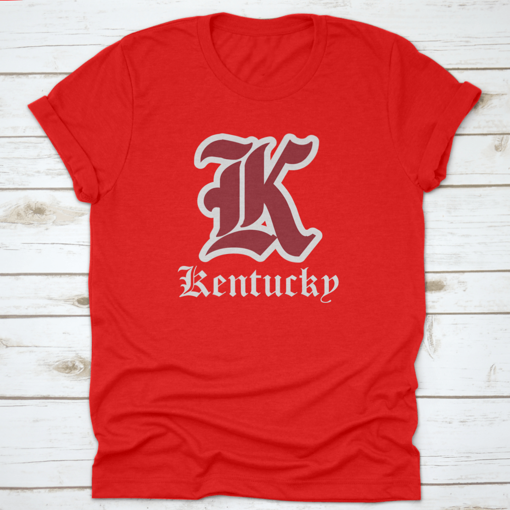 Retro Vintage College Varsity Tee featuring Gothic Letter Font in Kentucky State colors, showcasing a stylish design for fans.
