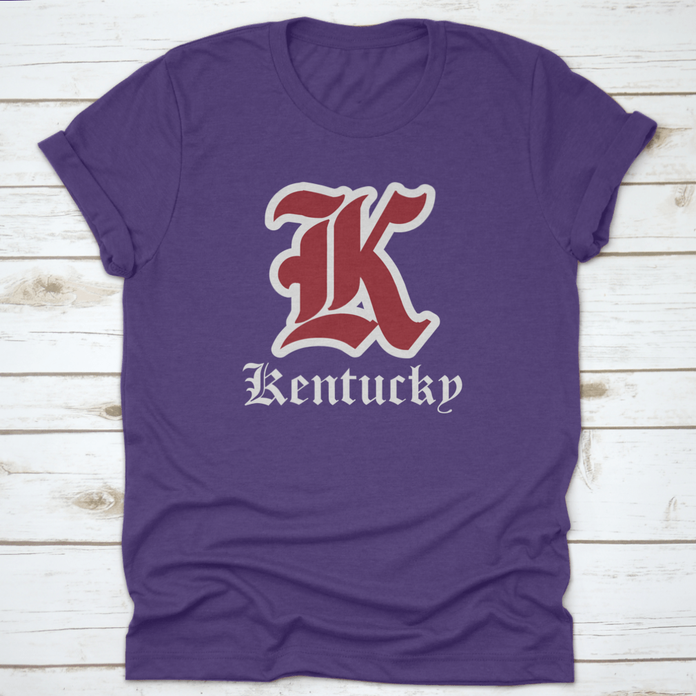 Retro Vintage College Varsity Tee featuring Gothic Letter Font in Kentucky State colors, showcasing a stylish design for fans.
