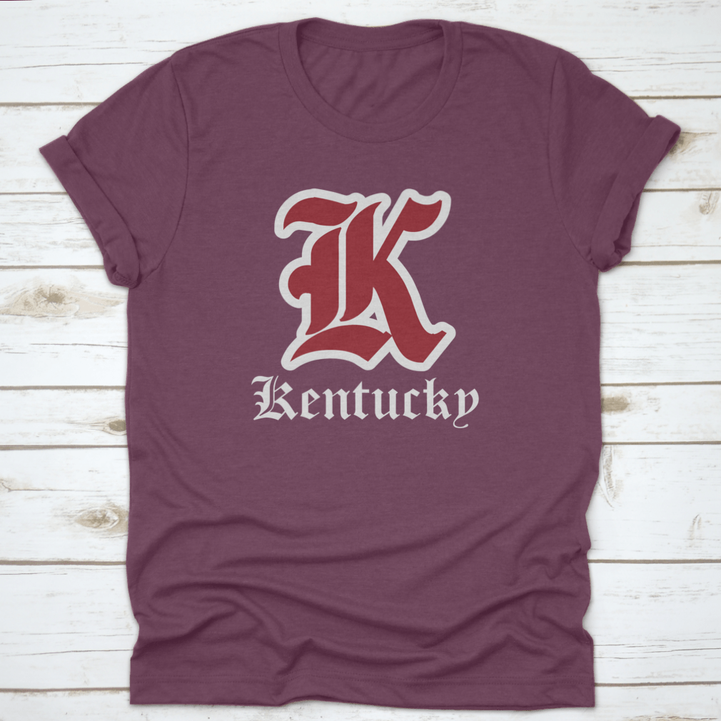 Retro Vintage College Varsity Tee featuring Gothic Letter Font in Kentucky State colors, showcasing a stylish design for fans.