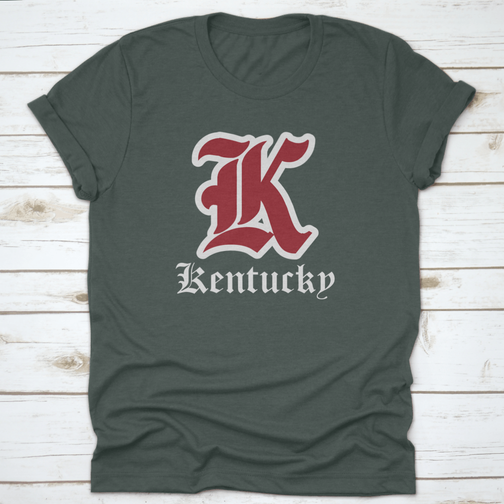 Retro Vintage College Varsity Tee featuring Gothic Letter Font in Kentucky State colors, showcasing a stylish design for fans.