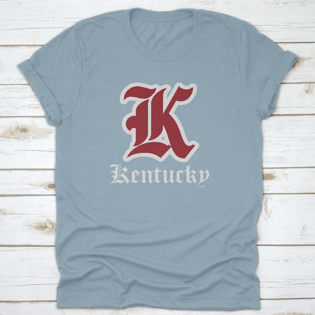 Retro Vintage College Varsity Tee featuring Gothic Letter Font in Kentucky State colors, showcasing a stylish design for fans.