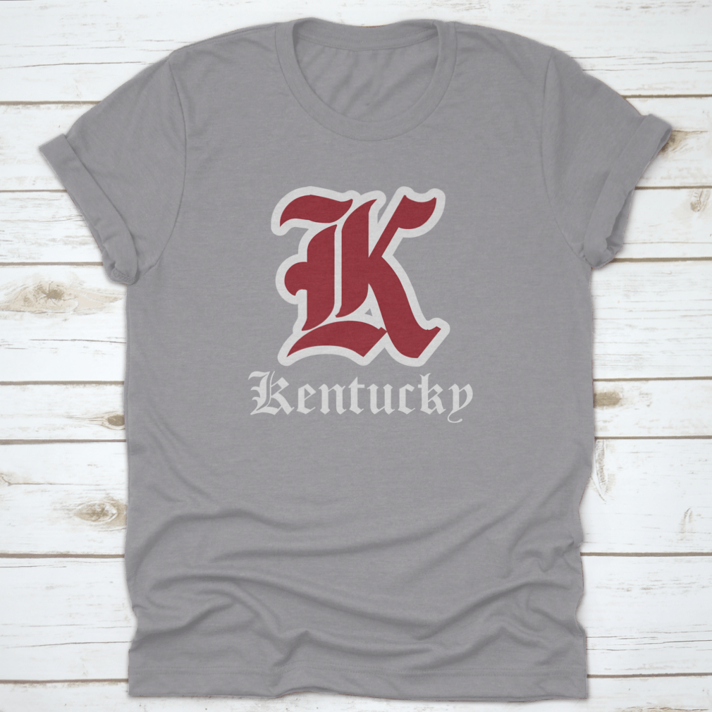 Retro Vintage College Varsity Tee featuring Gothic Letter Font in Kentucky State colors, showcasing a stylish design for fans.
