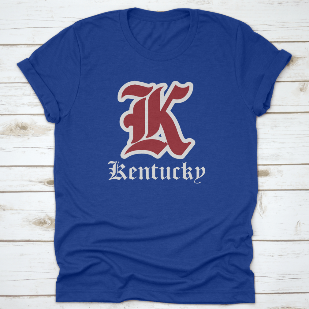 Retro Vintage College Varsity Tee featuring Gothic Letter Font in Kentucky State colors, showcasing a stylish design for fans.