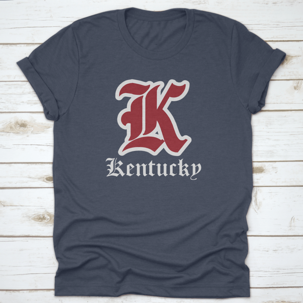 Retro Vintage College Varsity Tee featuring Gothic Letter Font in Kentucky State colors, showcasing a stylish design for fans.