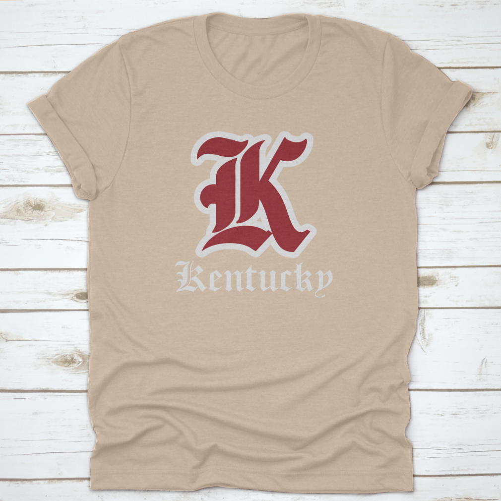 Retro Vintage College Varsity Tee featuring Gothic Letter Font in Kentucky State colors, showcasing a stylish design for fans.