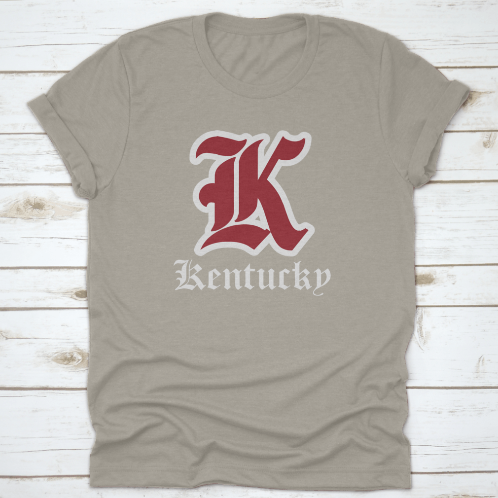 Retro Vintage College Varsity Tee featuring Gothic Letter Font in Kentucky State colors, showcasing a stylish design for fans.