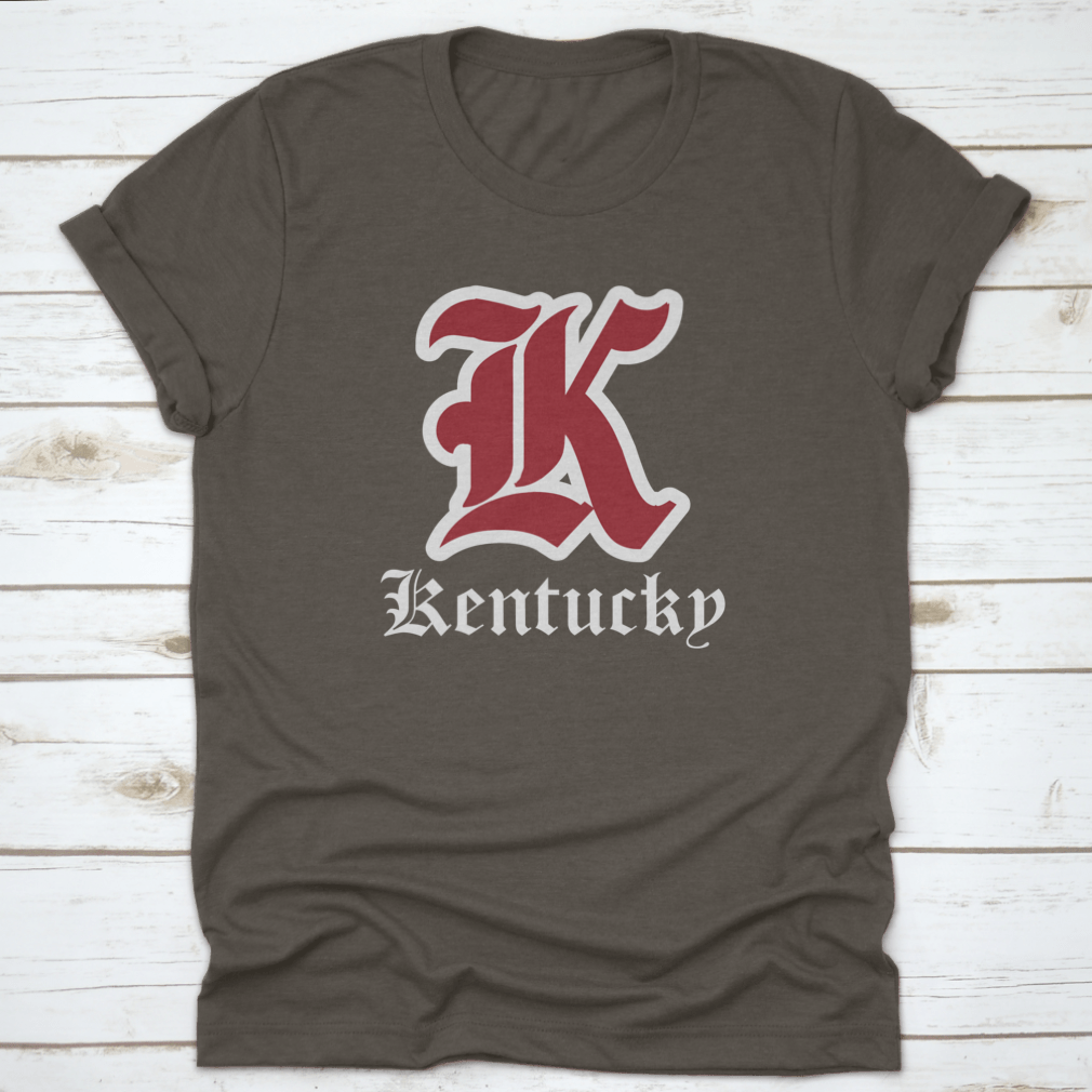 Retro Vintage College Varsity Tee featuring Gothic Letter Font in Kentucky State colors, showcasing a stylish design for fans.
