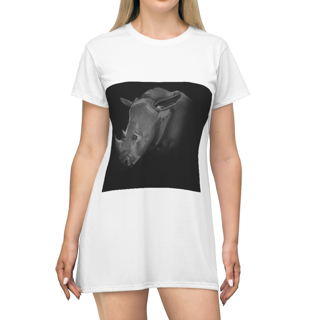 Rhino All Over Print T-Shirt Dress featuring vibrant prints and a comfortable fit, perfect for casual or dressy occasions.