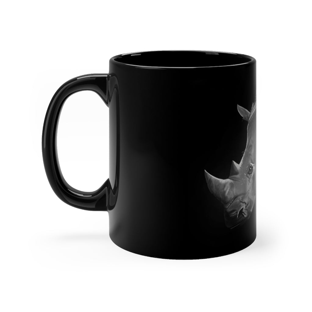 Rhino Black mug 11oz with rounded corners and C-handle, showcasing a sleek black ceramic design.