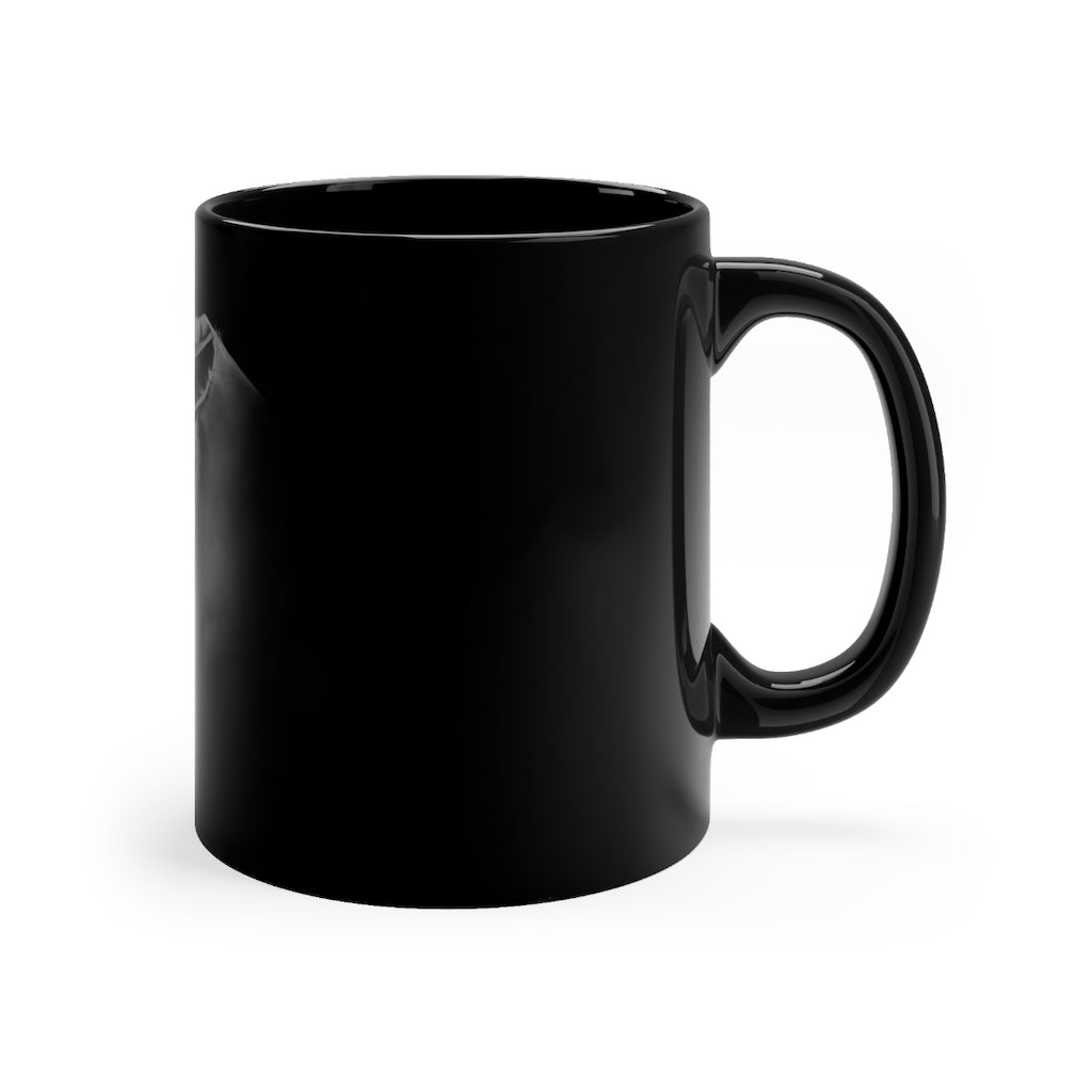 Rhino Black mug 11oz with rounded corners and C-handle, showcasing a sleek black ceramic design.