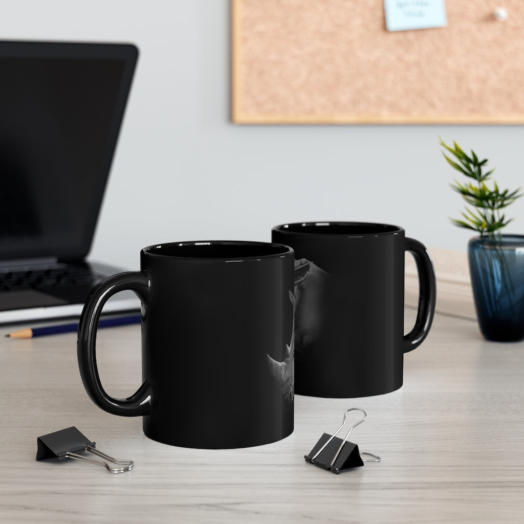Rhino Black mug 11oz with rounded corners and C-handle, showcasing a sleek black ceramic design.