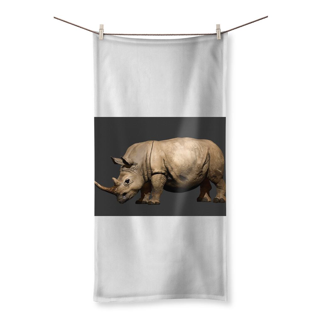 Rhino Character Sublimation All Over Towel showcasing vibrant print on one side and soft cotton backing on the other.