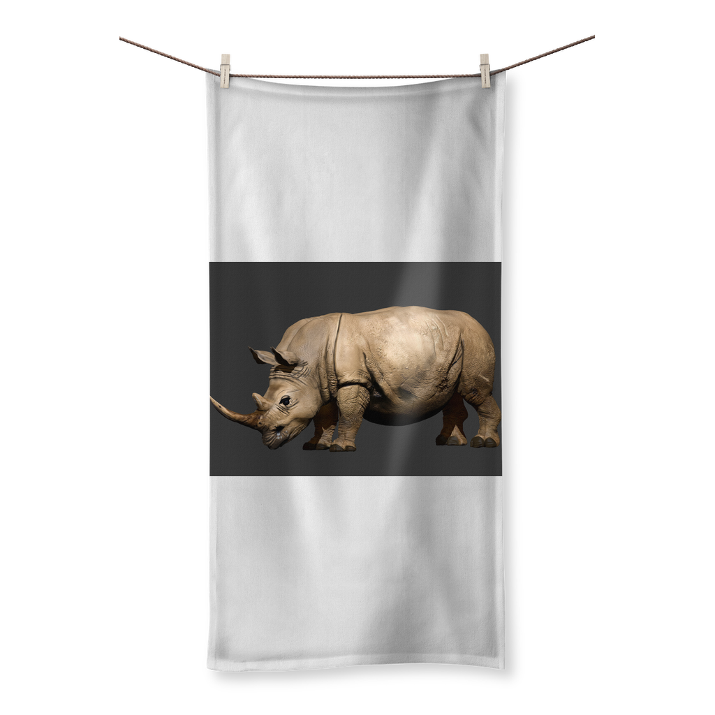 Rhino Character Sublimation All Over Towel showcasing vibrant print on one side and soft cotton backing on the other.