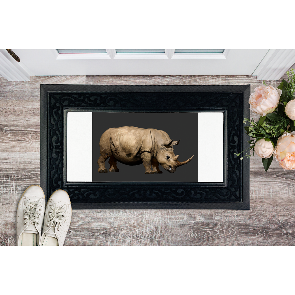 Rhino Character Sublimation Heavy Duty Door Mat with a stylish fabric brush border and non-slip rubber base, perfect for customization.